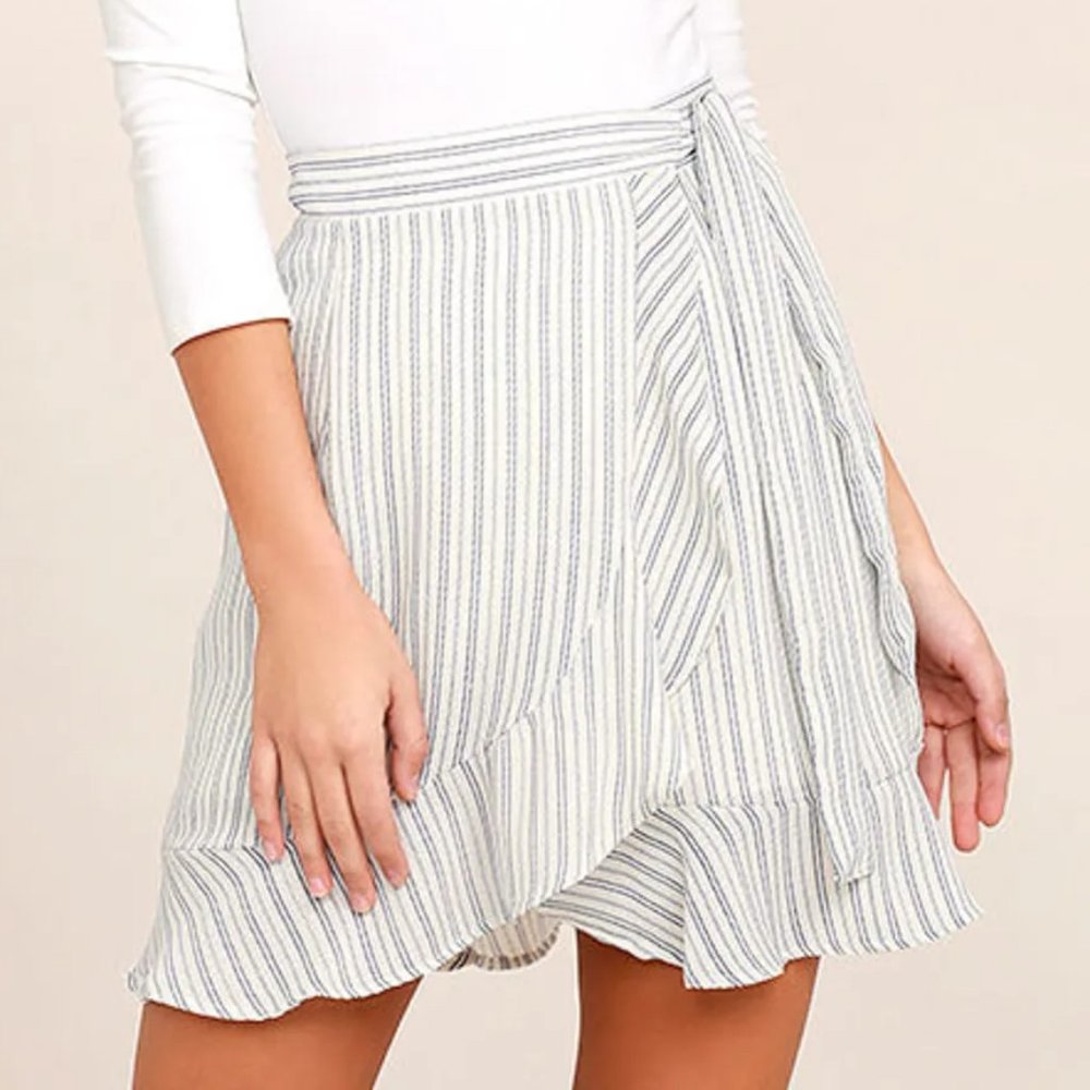 Lulu's Walk on Air Blue and White Striped Wrap Mini Skirt